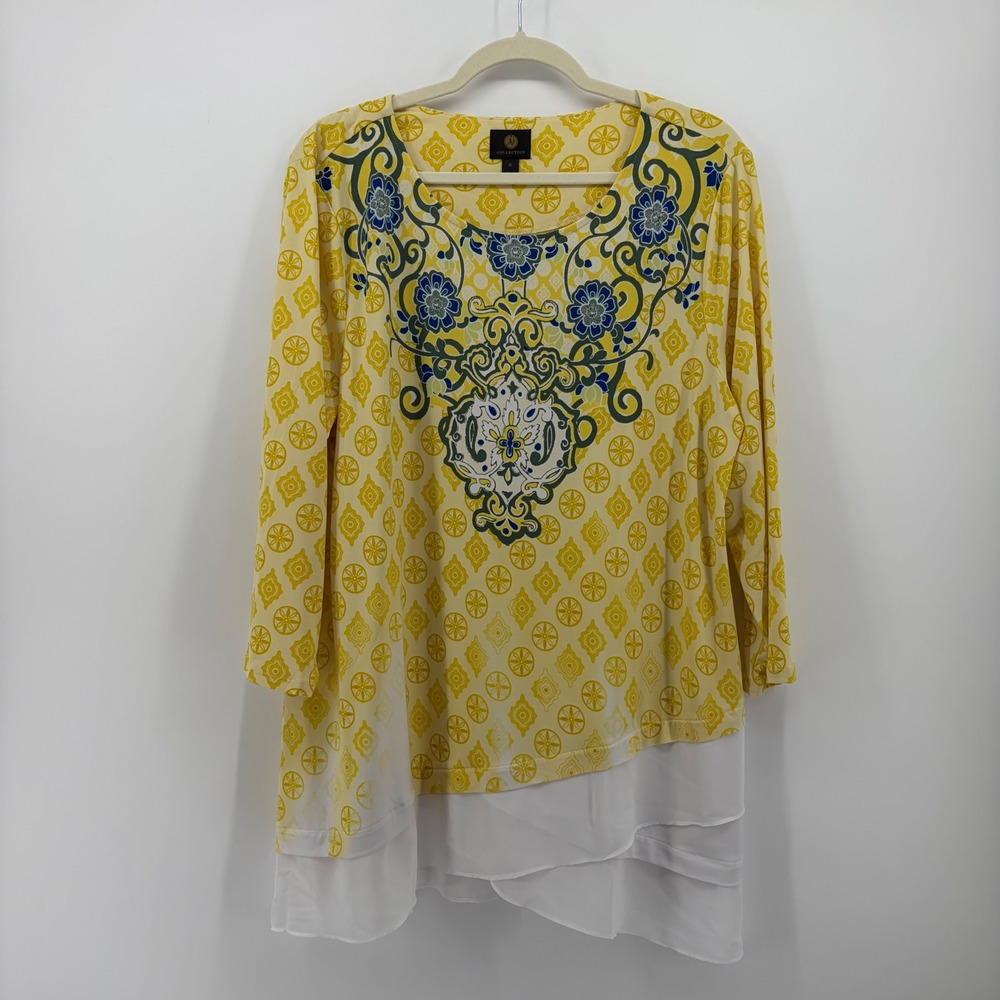 JM Collection Womens XL Yellow Tunic Medallion Print Tiered Chiffon Hem Top